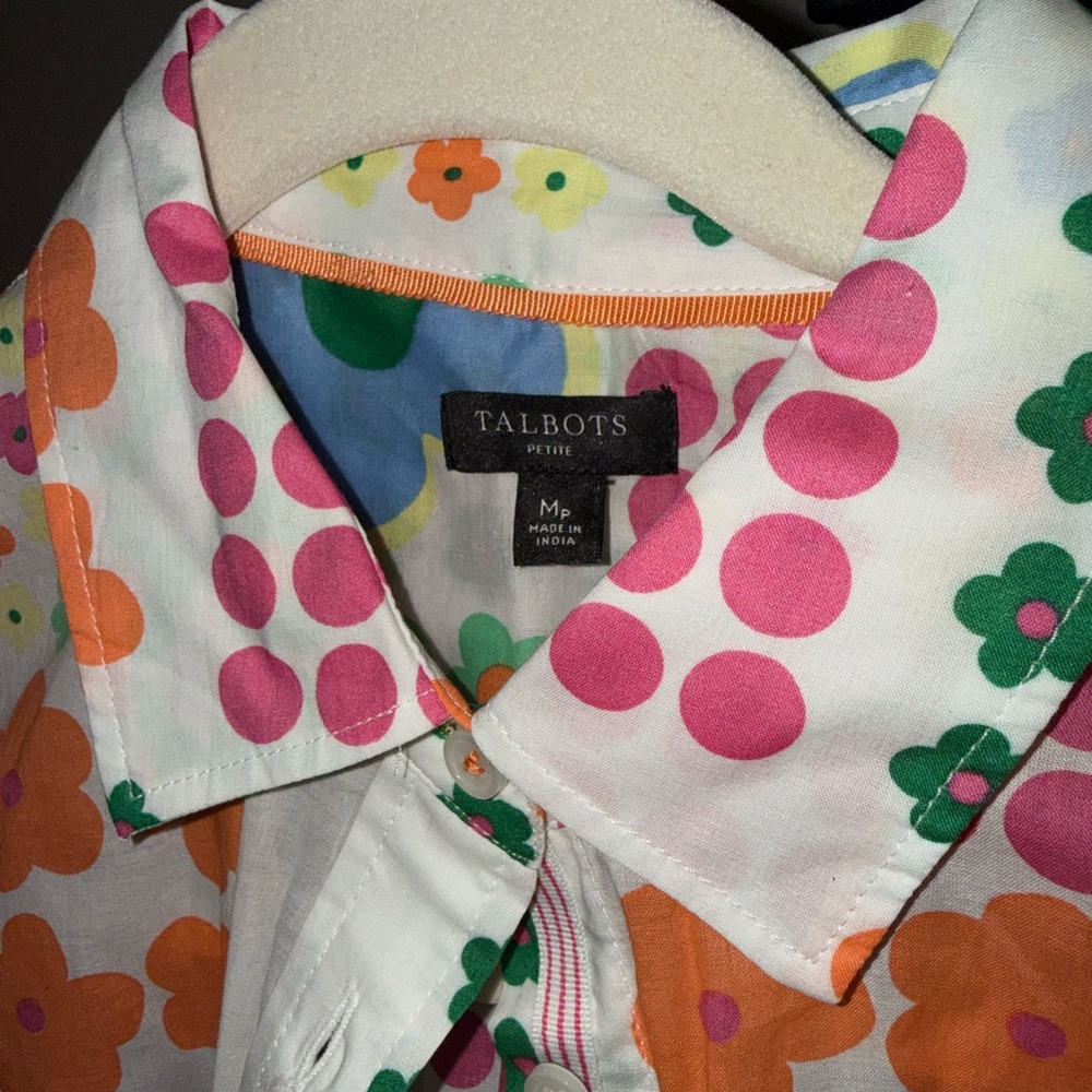 Talbots Cotton Button-Up Shirt with Green and Orange Floral Print